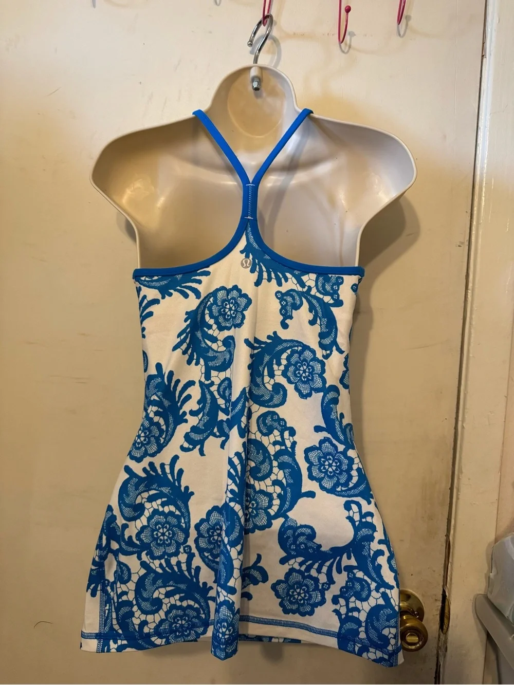 lululemon athletica White Tank Top with Blue Floral Lace-Print